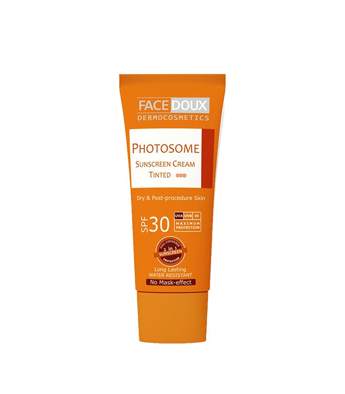 facedoux-photosome-sunscreen-cream-tiented-for-dry-&-post-procedure-skin-spf30 کرم ضد آفتاب رنگی پوست خشک فتوزوم سه قطره فیس دوکس SPF30