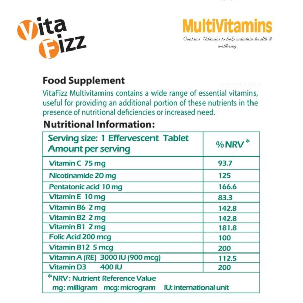 جدول قرص جوشان مولتی ویتامین ویتافیز 20 عددی
