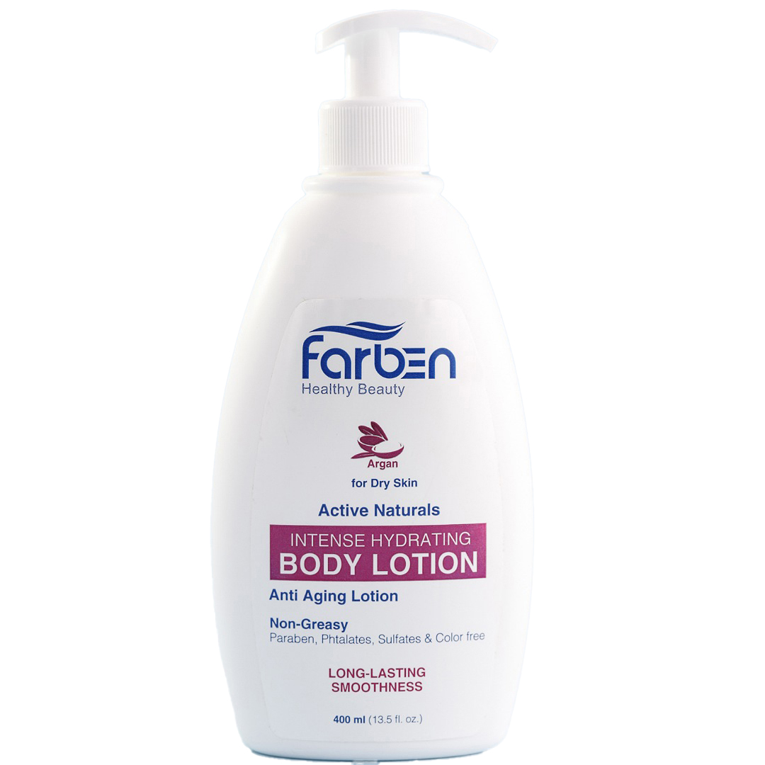 farben-body-lotion-anti-aging-lotion-400ml لوسیون آبرسان و ضد چروک پوست بدن حاوی روغن آرگان فاربن 400ml