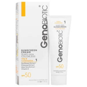 کرم ضد آفتاب SPF50 بی رنگ پوست چرب سانوژن 1 ژنوبایوتیک 50 میلی لیتر