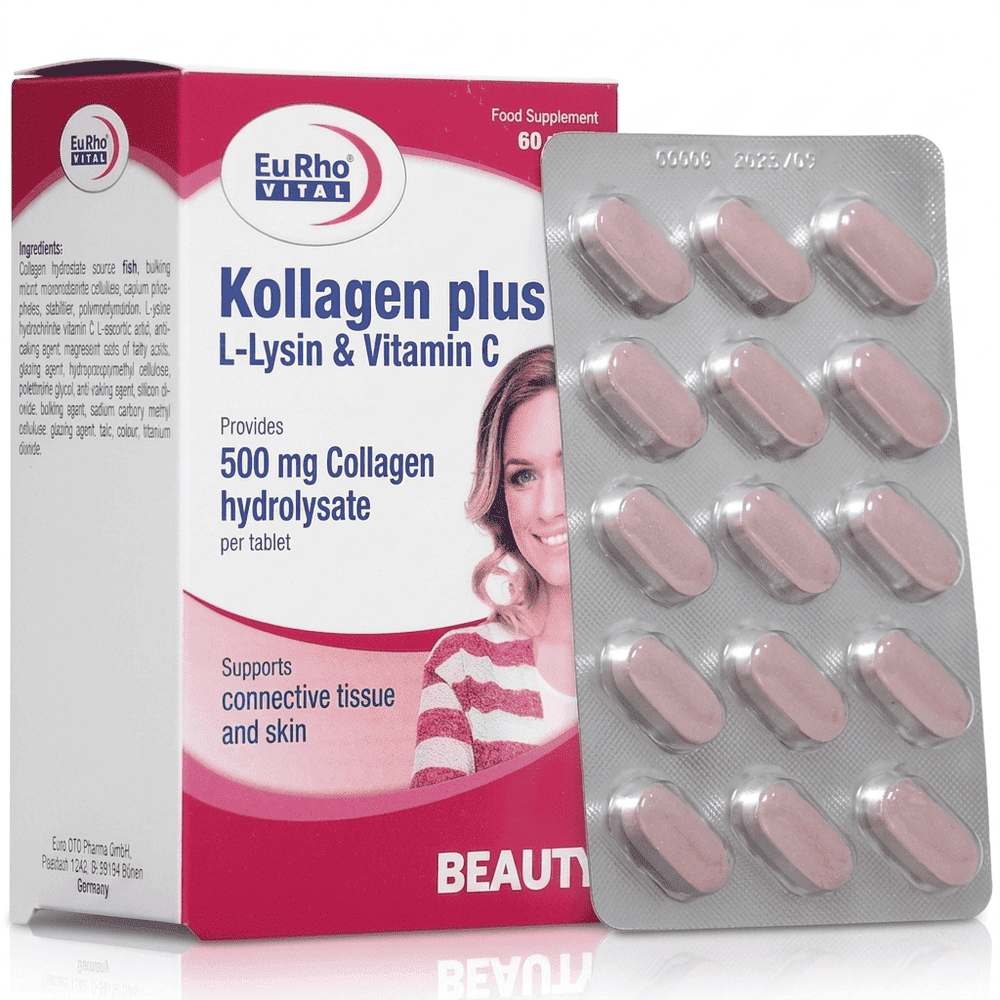Eurhovital Kollagen Plus L Lysin And Vitamin C 60 Tablets قرص کلاژن پلاس ال لیزین و ویتامین C یوروویتال 60 عدد