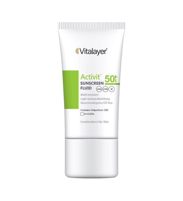 فلوئید ضد آفتاب +SPF50 پوست چرب بی رنگ اکتی ویت ویتالیر 50 میلی لیتر
