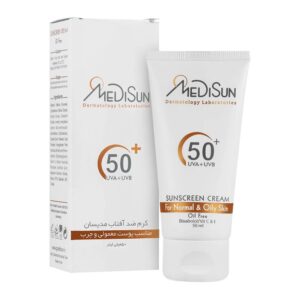 کرم ضد آفتاب +SPF50 مناسب پوست معمولی و چرب بی رنگ مدیسان 50 میلی لیتر
