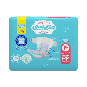 پوشک چسبی کانال دار سایز 4 مای بیبی (مناسب وزن 9 تا 14 کیلوگرم) با طراحی ارگونومیک، قدرت جذب سریع و لایه رویی حاوی عصاره بابونه
