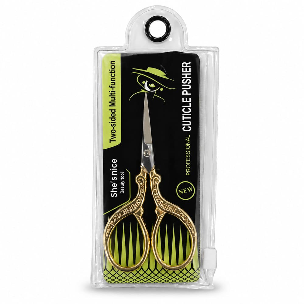 She’s Nice Cuticle Pusher Gold قیچی ابرو و کوتیکول ناخن طلایی شیز نایس با طراحی کلاسیک و بستهبندی اصل