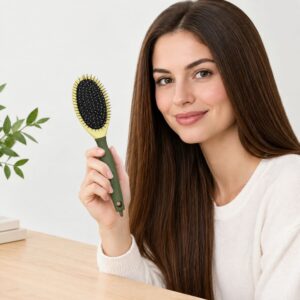 برس مو سیمی بیضی سبز تکنیک با دندانه‌های فلزی ضد گره و دسته ارگونومیک