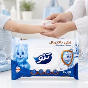 دستمال مرطوب آنتی باکتریال معطر تنو ۶۰ عددی مناسب دست و صورت
